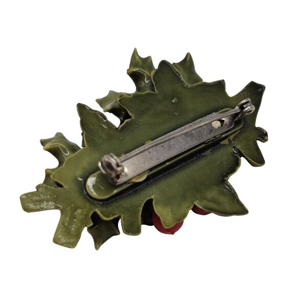 Vtg Christmas Poinsettia Brooch Pin 50s Celluloid Green Red Plastic HollyBerry - Picture 5 of 8